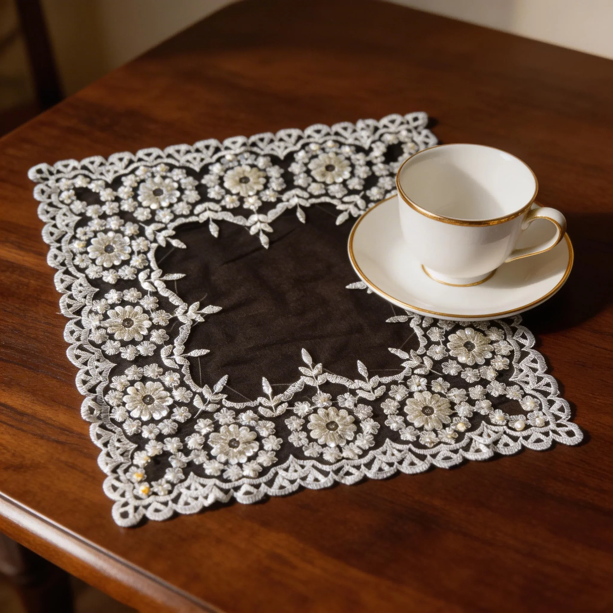 2pcs Premium Black White Placemats Set Lace Embroidered Beaded Square Table Mat Wedding Table Towel Kitchen Dust Cover Cloth - view 3