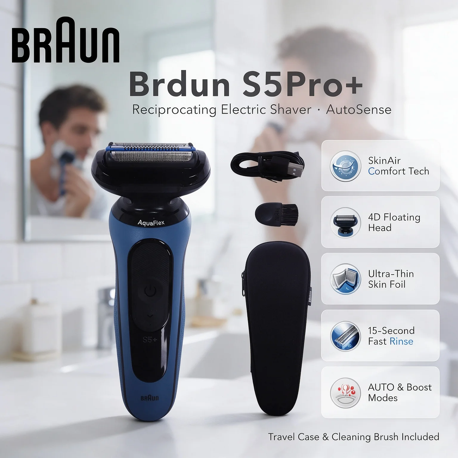 Braun Series 5 Pro+ Reciprocating Shaver SkinAir Technology AutoSense 2 Modes Auto Boost Ultra-Thin Foil Rinse Valve