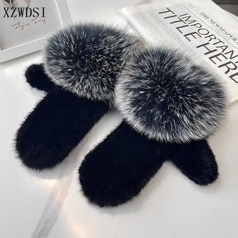 Women's Warm and Lovely Real Mink Fur Gloves Hand Knitted Full Finger Mittens Double Face Fur Winter
