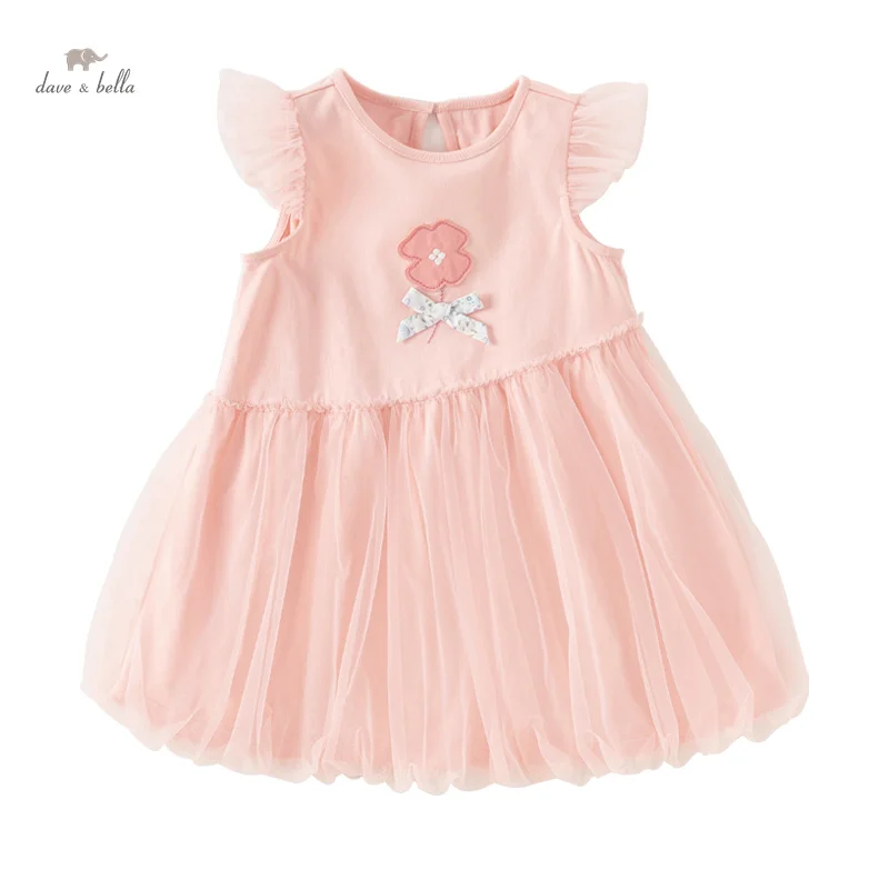 Dave Bella Girl's Princess Dress 2024 New Summer Children's Baby Flying Seeves Pink Flower Mesh Cute Sweet Fashion DB2240586