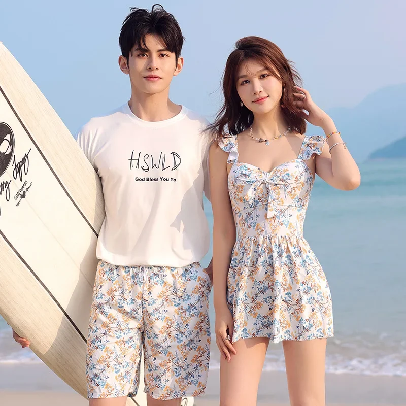 Lovers 2 Peice Set Sexy Couple Swimsuit Set Flower Hawaiian Sling Split Swimswear Bathing Suits Women Swimming Pants for Man