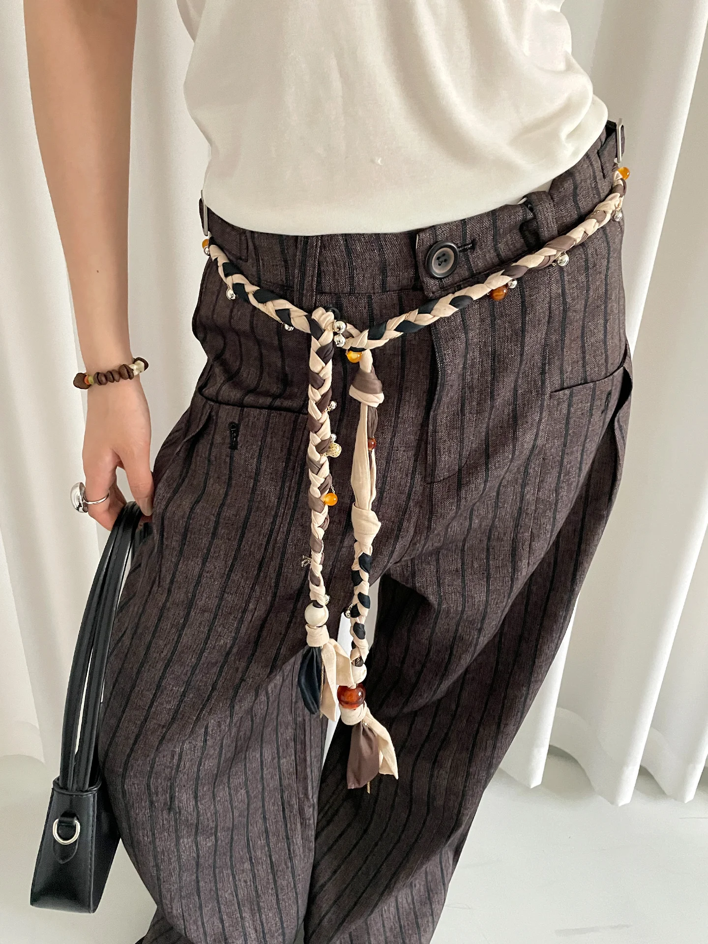 2025 New Niche Design Hand-Woven Square Round Beads Flax Belt High Street Girl Tie Tassel Waist Chain