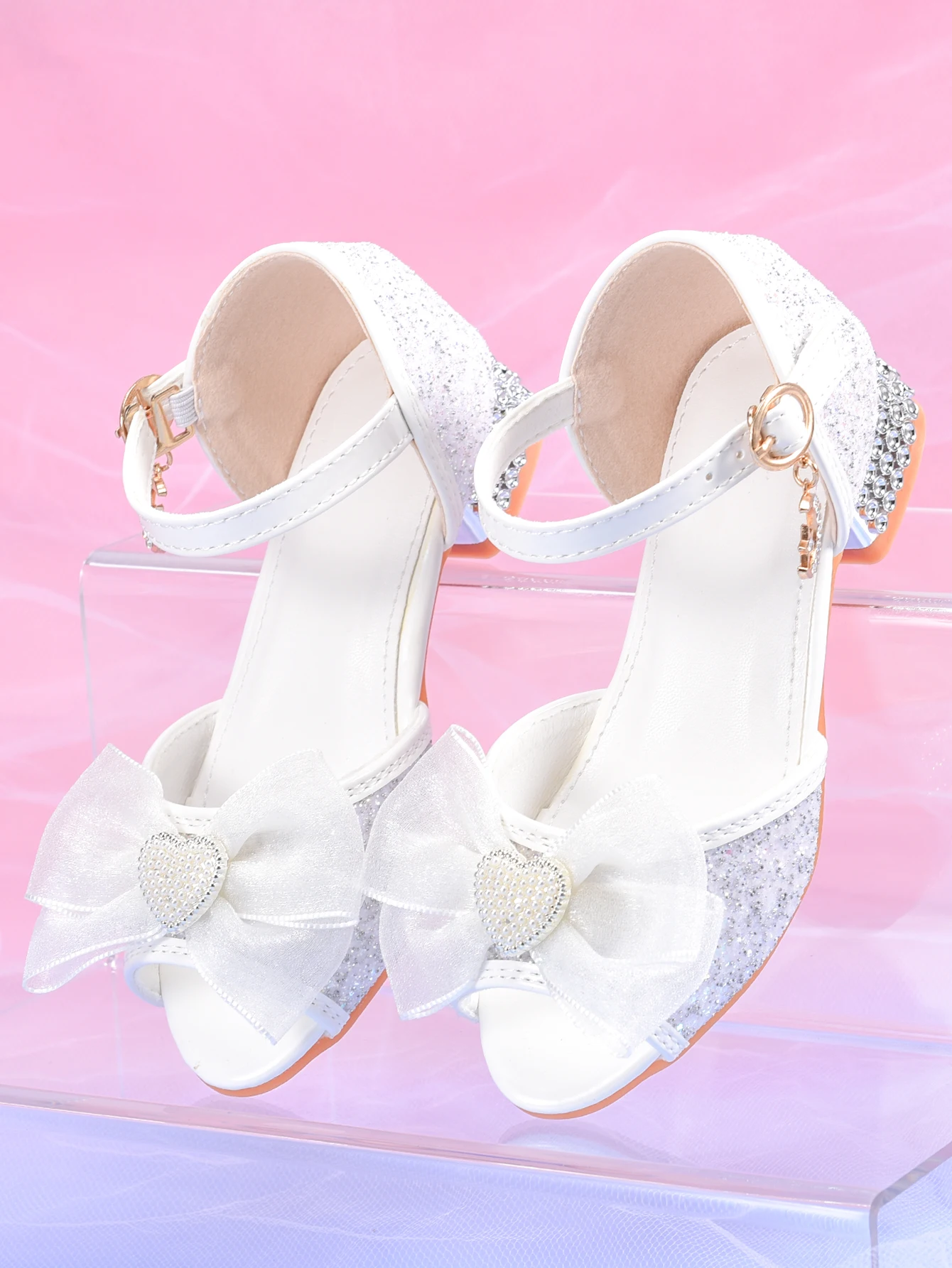 Girls' Crystal Heel Bowknot Dress Sandals, White Sparkly Princess Party Shoes For Children