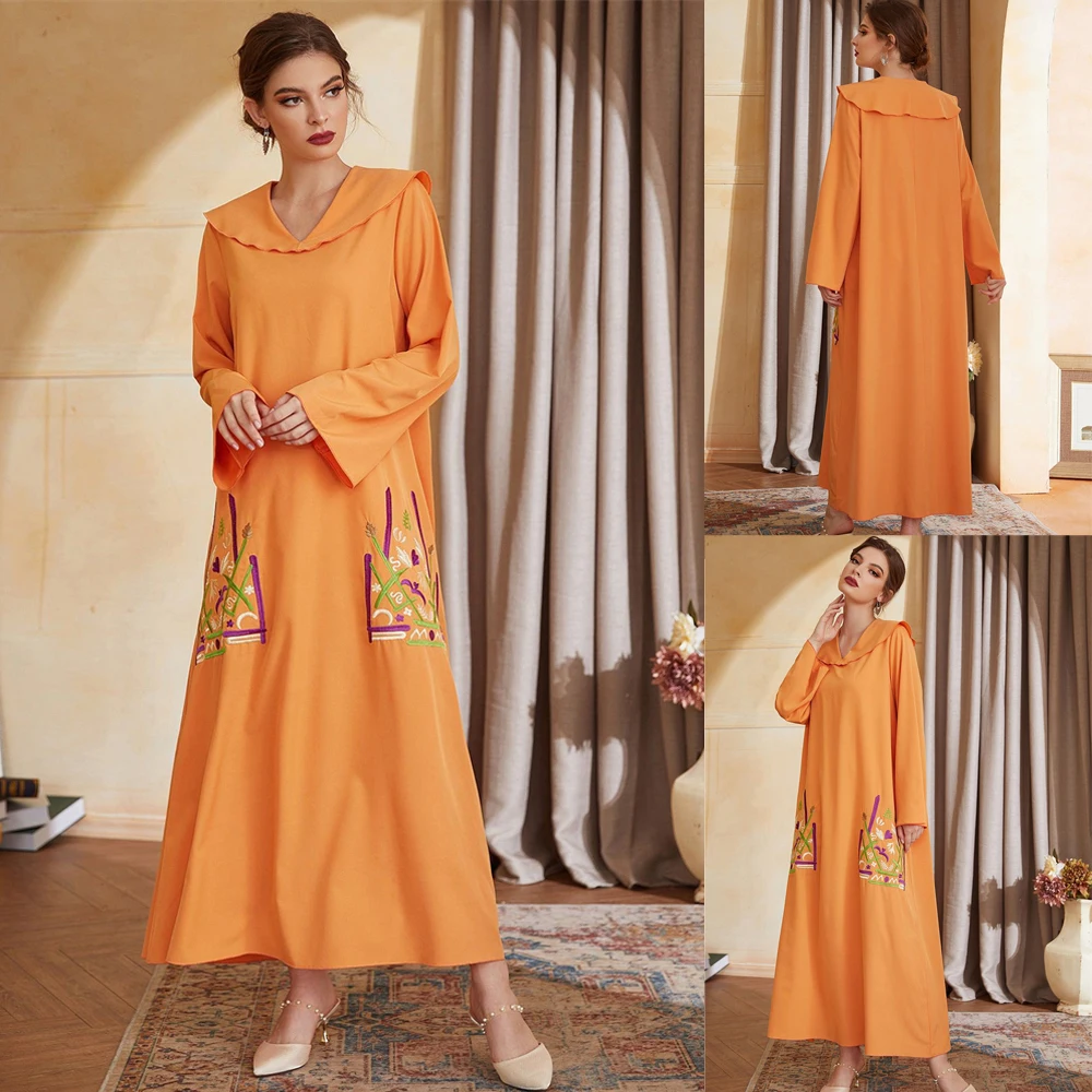 

2024 Maxi Dress Abaya Embroidery Long Dress Retro Muslim Hijab African Dashiki Vestidos Long Robe Gowns Ramadan Eid Arab Islamic