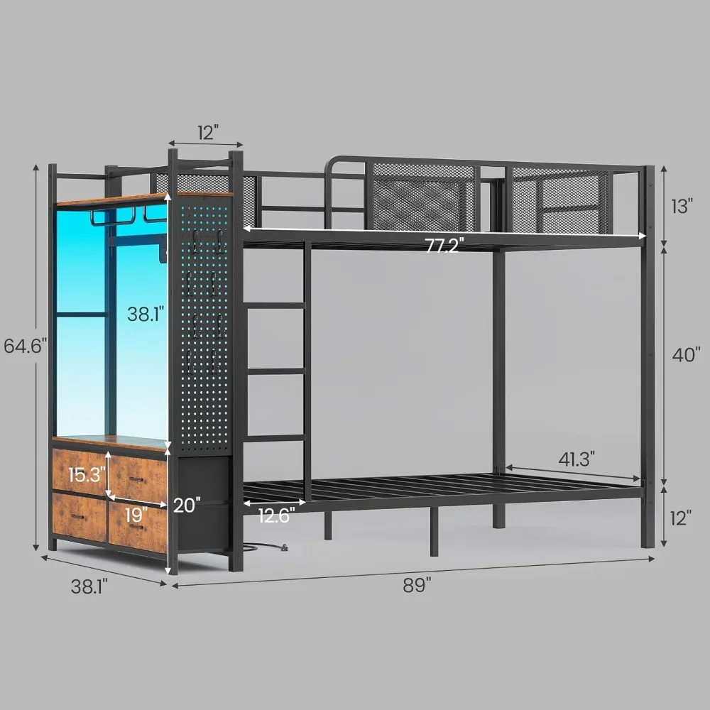 

Двухъярусная металлическая кровать Twin Over Twin с доставкой по США, с вешалкой для одежды, розеткой, светодиодной подсветкой, 4 выдвижными ящиками, защитным ограждением и лестницей