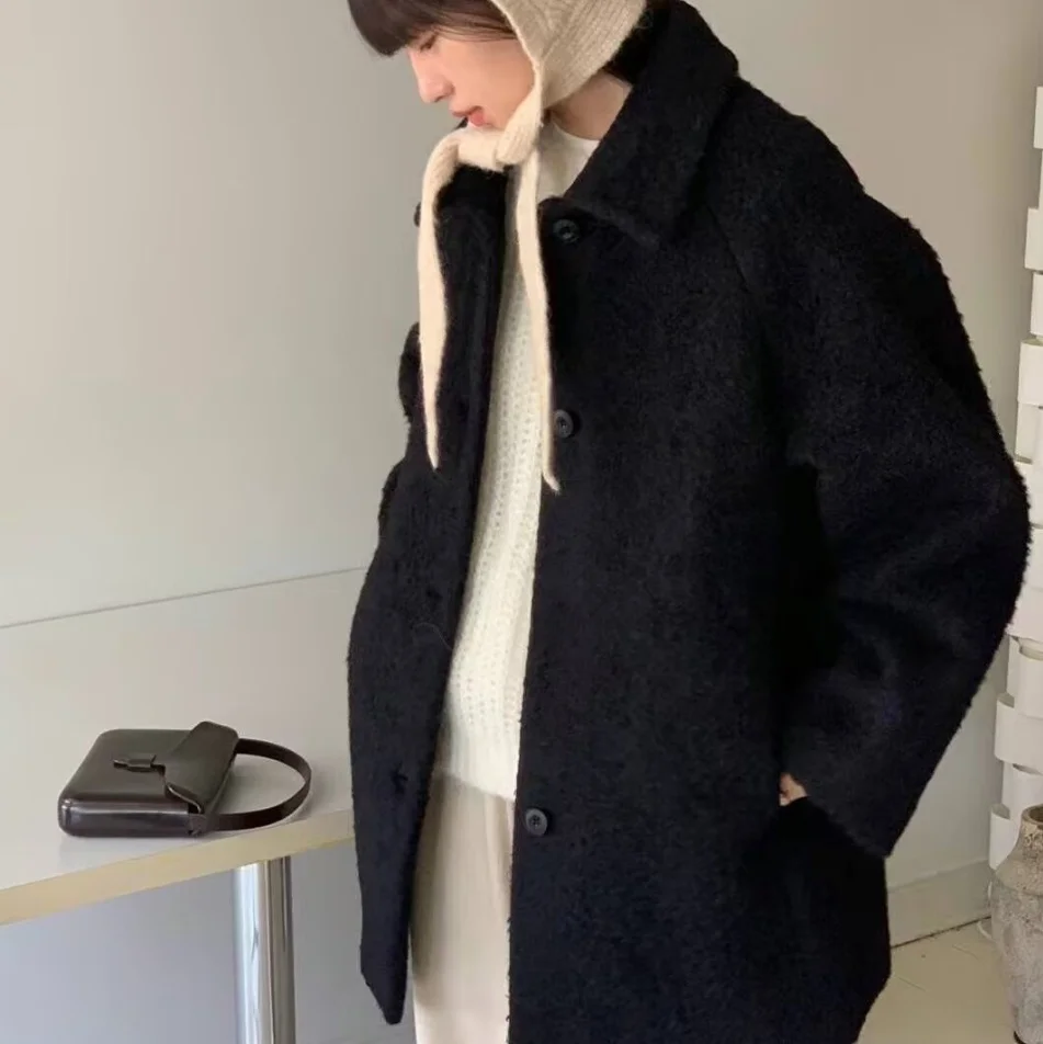 Pure Color Woolen Coat Jaet Single Button Turn-down Collar Medium-length Commute Sle Women's Faion Autumn Winter Coat