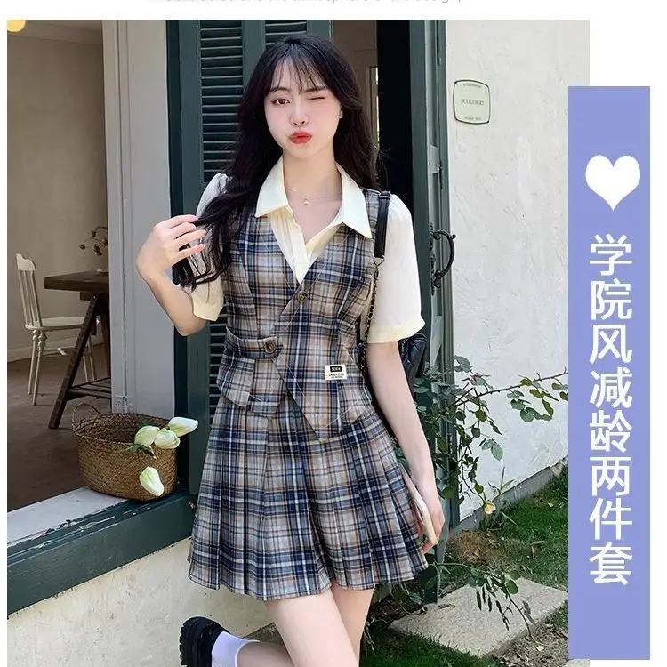 

Japan Summer New Preppy Suit Flesh-Covering Plaid Pleated Skirt Two-Piece Set Slimming Niche High-End
