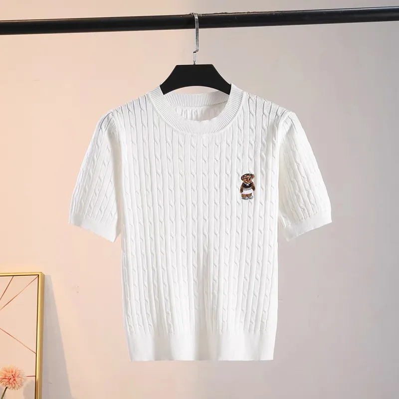 

Women Casual Solid Color Slim O-neck Preppy Style Knitted T-Shirt Summer New Fashion Cartoon Embroidery Short Sleeve Tops