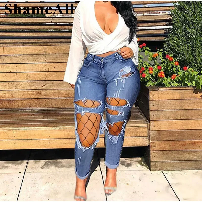 

Street Ripped Cut Holes Hollow Out Mesh Stretchy Skinny Jeans Vintage Slit Pantalones Vaqueros Mujer Club Blue Denim Pencil Pant