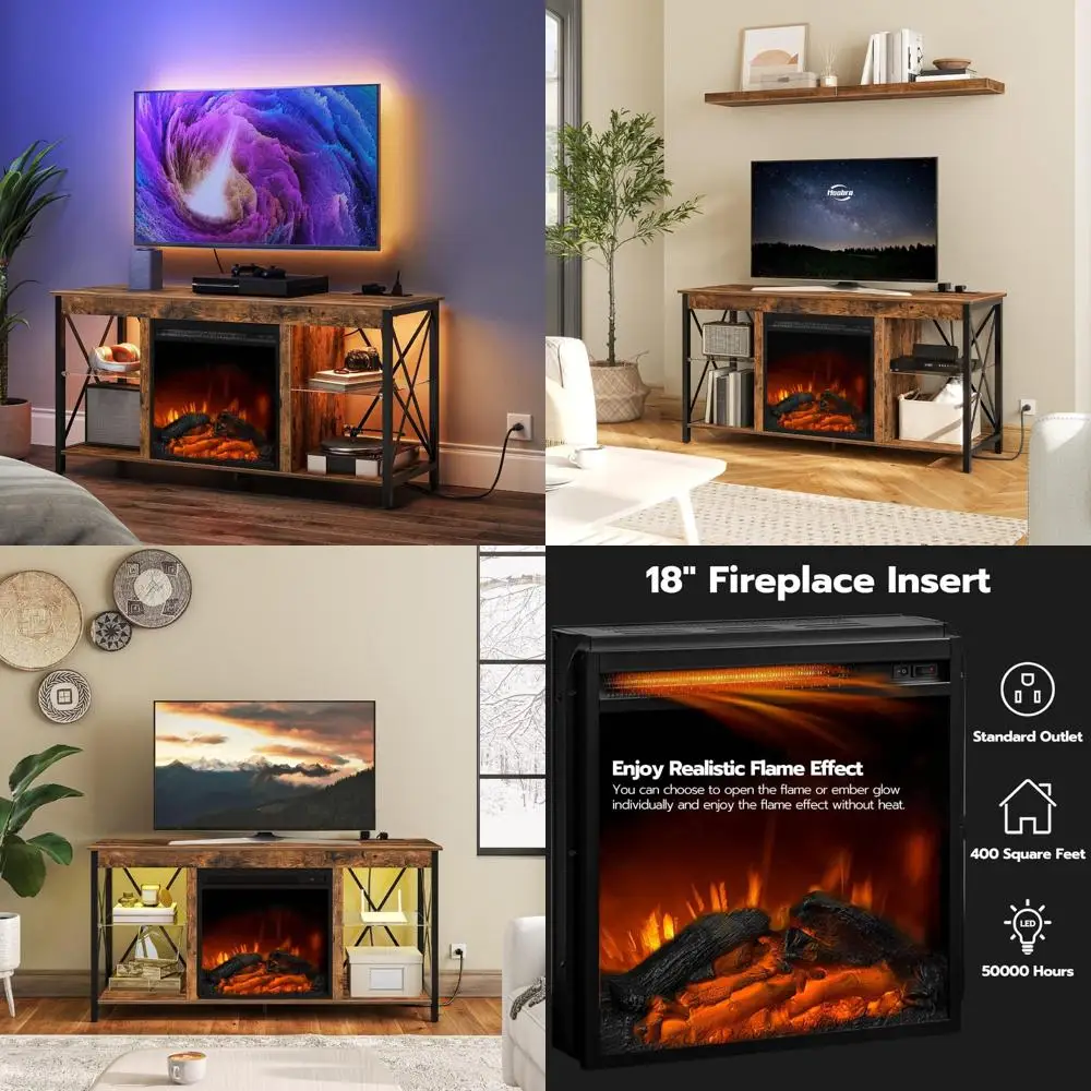 

Entertainment Center with Built-in Fireplace, Charging Station, and LED Lights for TVs up to 55 Inches