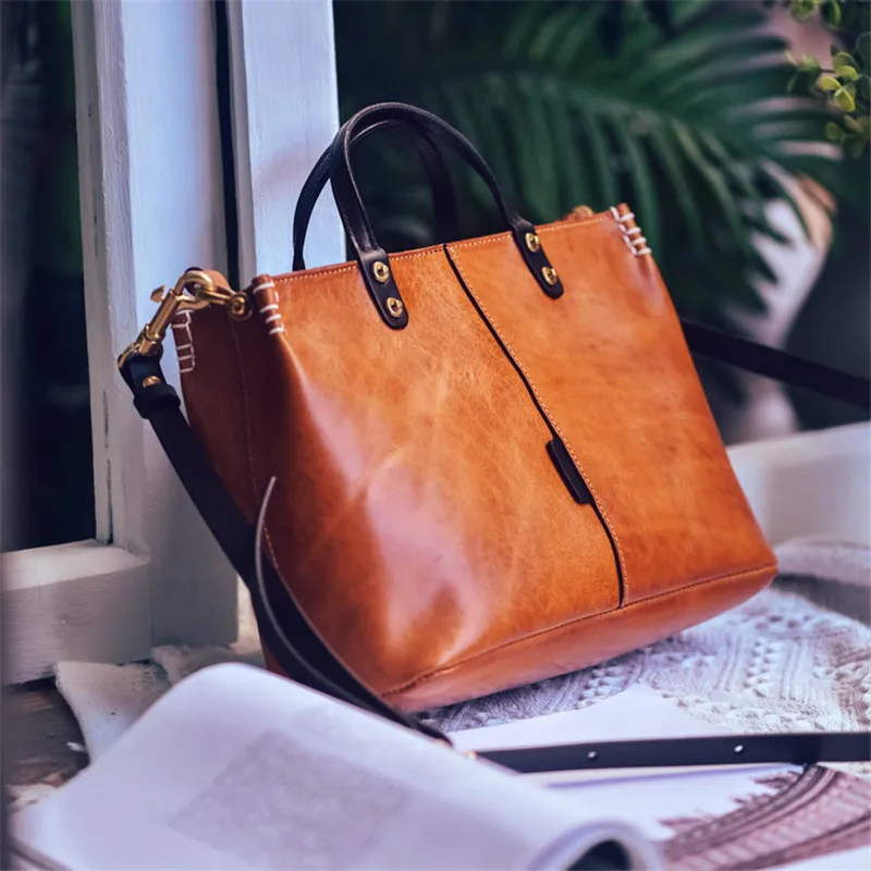 Fashion designers handmade genuine leather women's handbag vintage casual luxury first layer cowhide female crossbody bag image 3
