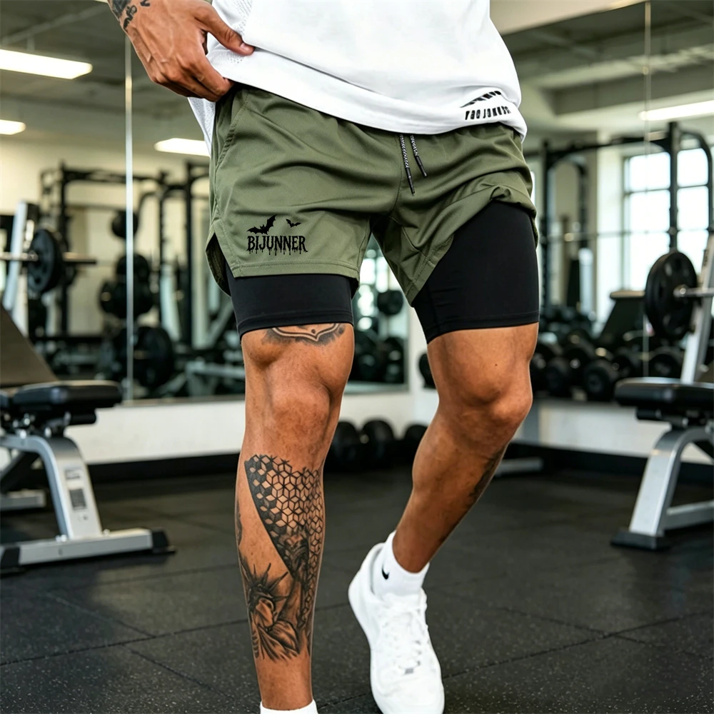 High Quality Sports 2 In 1 Double Deck Shorts Printed Men's Gym Workout Training Sportswear Multi-pocket Bottoms Brand Summer