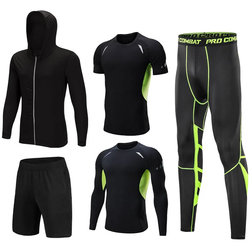 

Green Men's 5pcs Running sets Boxing suit rashguard male kit MMA compression clothing long-sleeved t-shirt+leggings tracksuit