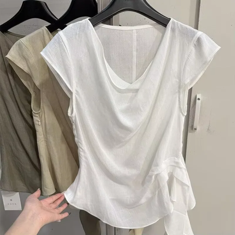

Irregular French Style Lace Up Flying Sleeve Shirt Solid Simple Office Lady Crop Top Slim Ruffles Korea Chic Ins Blusas