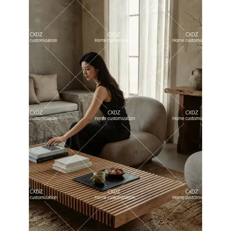 Medieval Rectangular Solid Wood Coffee Table Living Room Light Luxury High End Small Apartment Tea Table Wabi Sandy Style