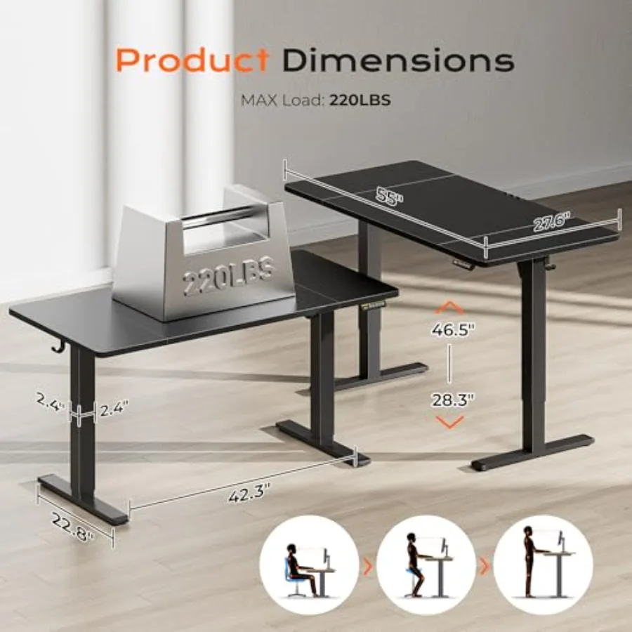 Home office electric standing desk, steel frame, black, 55 x 28 inches with 27.6-inch depth, 3 preset heights, 2 hooks, smooth