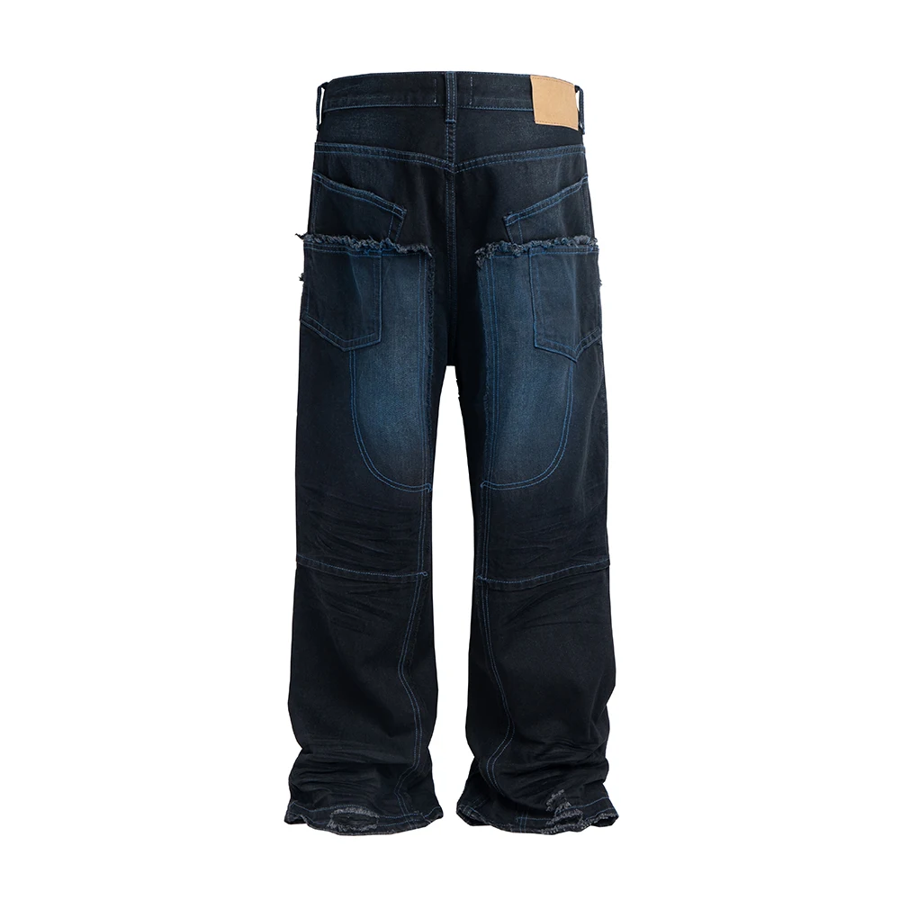 Harajuku Distressed Double Knee Silhouette Baggy Jeans for Men Wide Leg Washed Blue Vintage Loose Denim Trousers Oversized