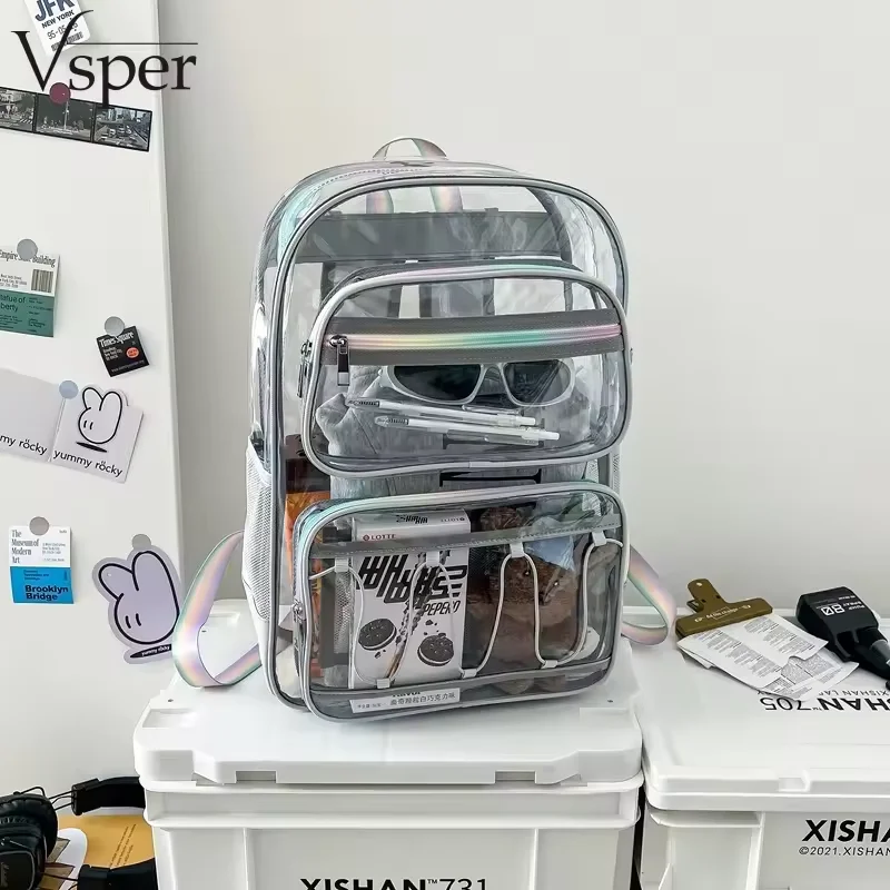 2026 New PVC Backpack Fashion Transparent Large Capacity SchoolBag Versatile Lightweight Multi Pockets Travel Rucksack Beach Bag