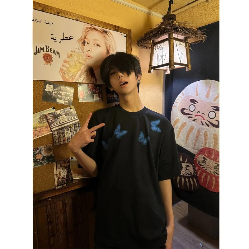 

Тяжелая футболка из чистого хлопка с принтом, мужская летняя футболка с небольшим воротником в американском стиле, модная брендовая футболка...