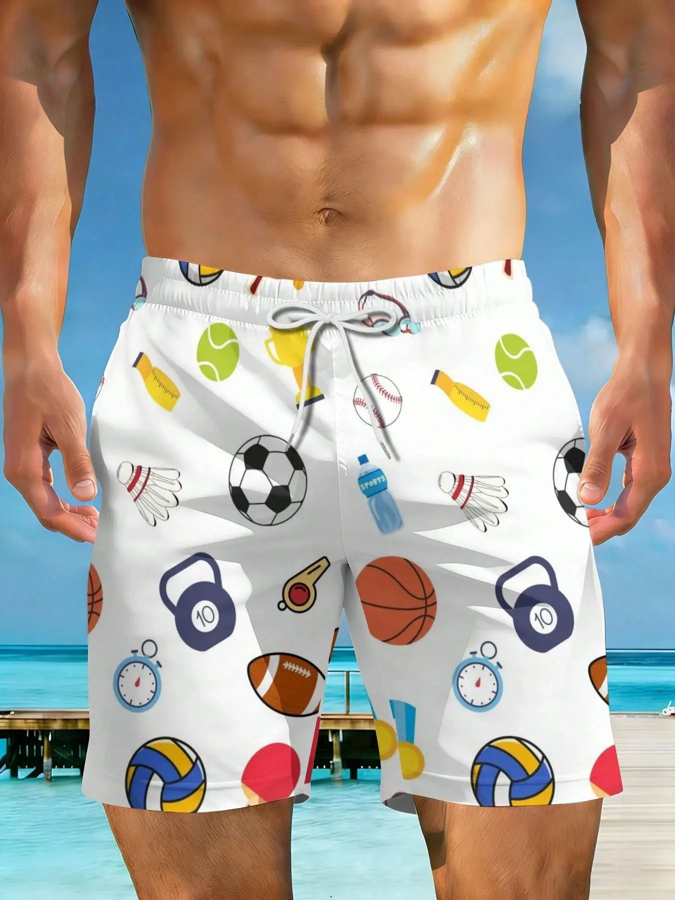 

2026 Summer New Styles Sports Equipment Pattern Print Design Plus Size Men's Casual Beach Shorts Suitable For Summer Outings And Beach Vacations Surfing And Relaxation Activities