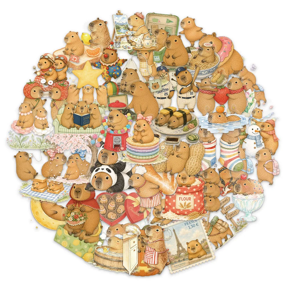 50PCS Cute Capibala Fun Cartoon DIY Stickers Plastic Decorative Phone Cases Postcards Waterproof Stickers