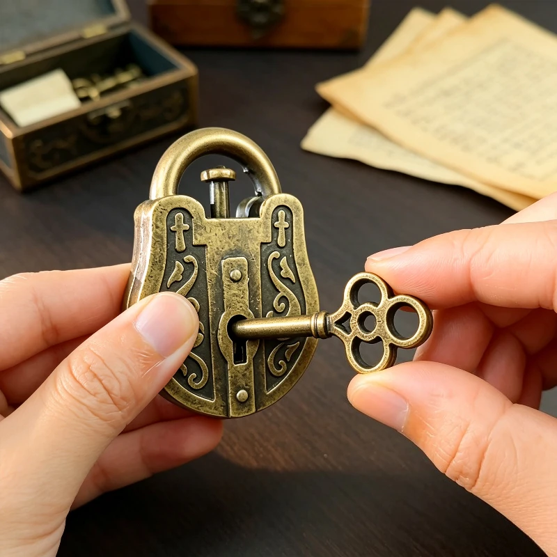 Vintage Style Decorative Padlock with Key, Antique‑Pattern Metal Ornament Lock, Retro Mini Lock for Jewelry Box, Chest, Gift Box