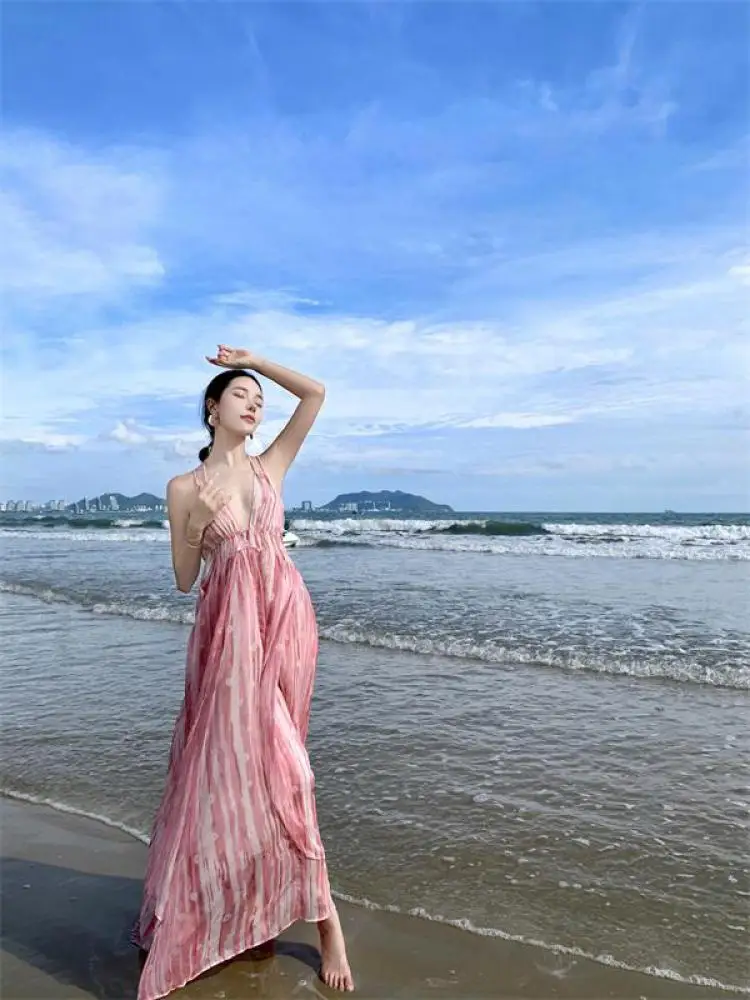 

Pink Patchwork Sexy Club Backless Elegant Evening Dress Summer Halter V-neck Birthday Party Bandage Long Dresses Bohemian Korean
