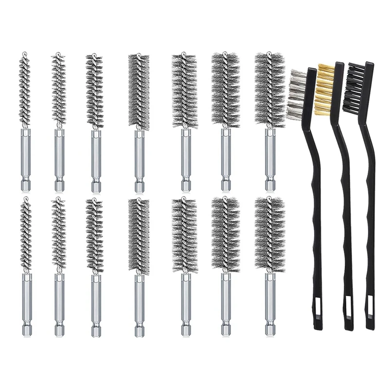 16Pcs Wire Brush Set, Wire Bore Brush For Drill Impact Driver In 14 Sizes With Industrial Wire Brushes Easy To Use Silver