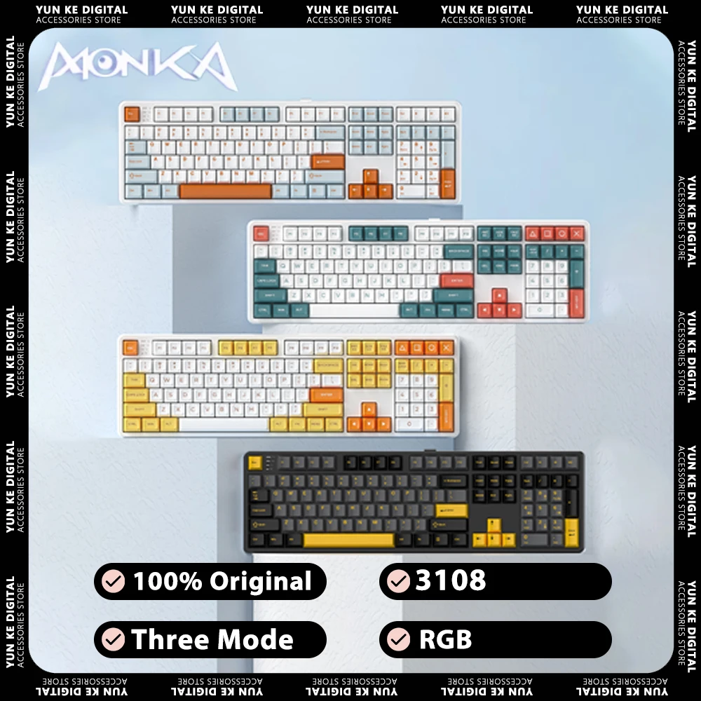 

Механическая клавиатура Monka 3108, Беспроводная игровая клавиатура с тремя режимами, с прокладкой, с горячей заменой, с RGB-подсветкой, семейный ПК, подарок для офиса