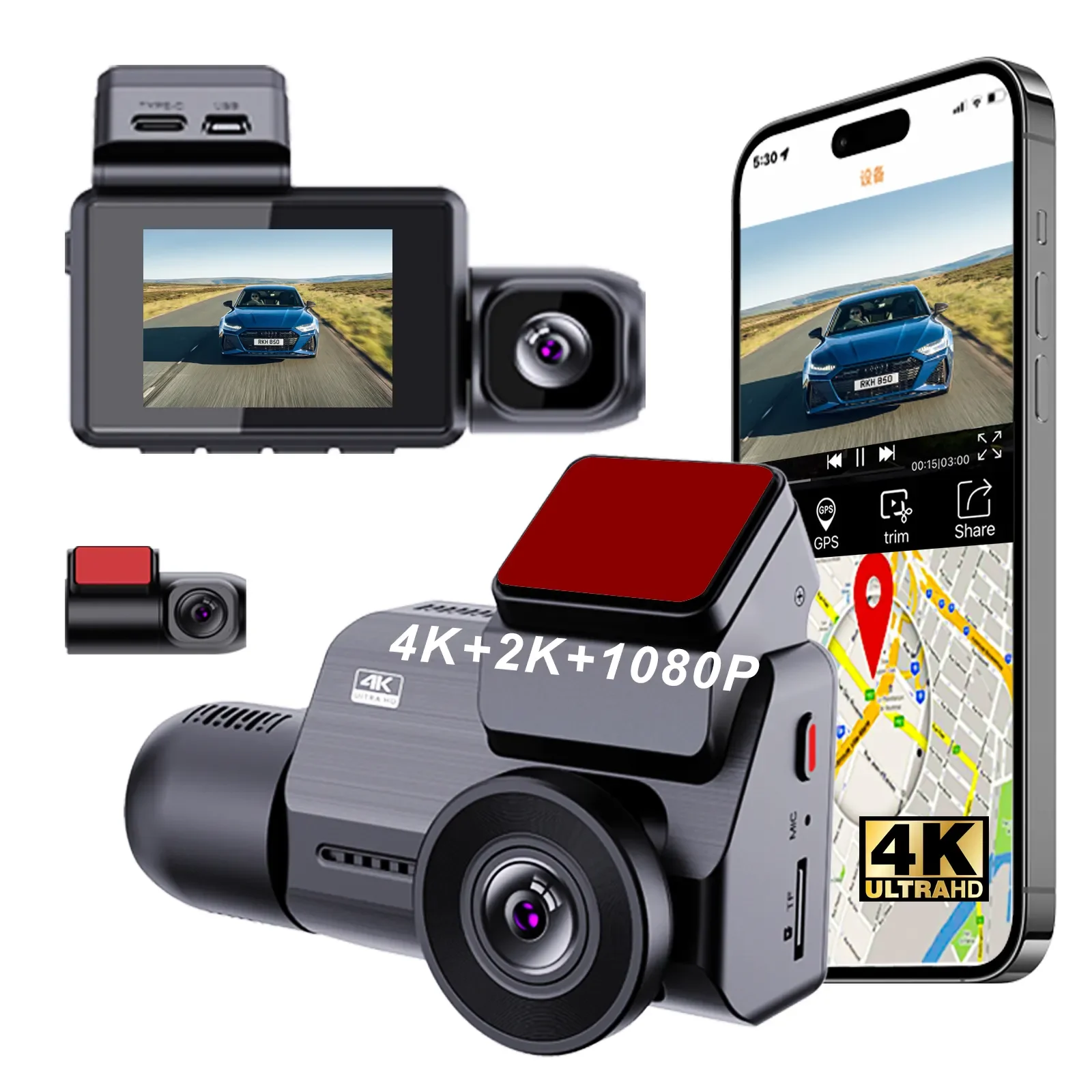 4K 3-Way Dash Cam: Front, Rear, Inside Cabin Recording. Features GPS, WiFi & Built-In Screen