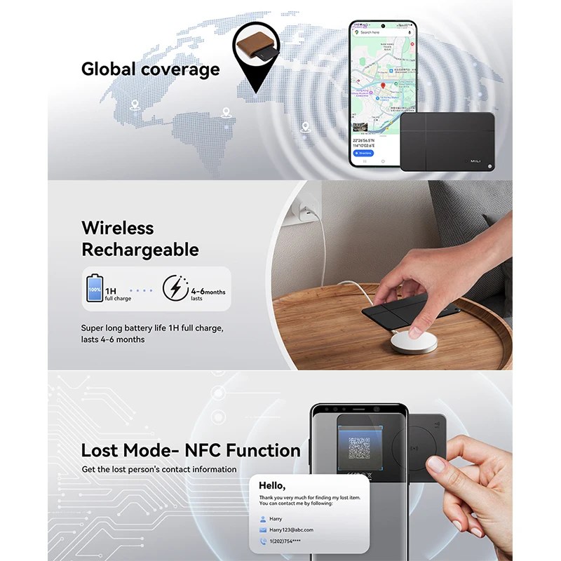 Nuova scheda localizzatore GPS intelligente MiLi Go Dispositivo anti-smarrimento localizzatore Bluetooth MiTag per Android Funziona con Google Trova il mio MiCard Pro
