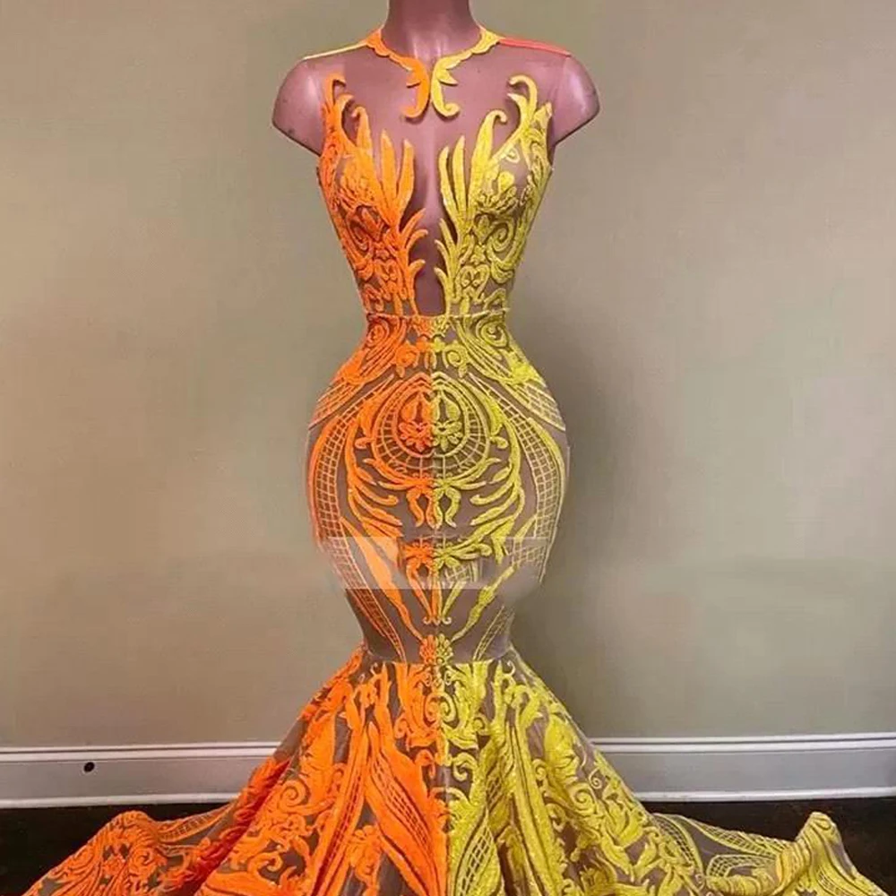 Latest Design Yellow Orange Contrast Color Prom Dress For Women Ruffled Hem Mermaid O Neck Sequined Vestidos Party Evening Gown