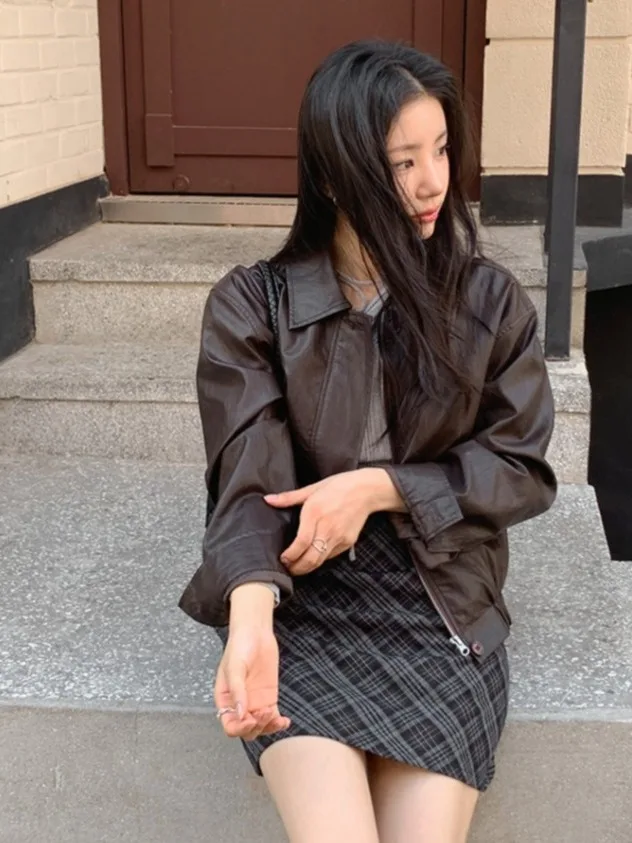 시크한 오토바이 가죽 재킷 여성용 2025 신상 슬림핏 소형 사이즈 패셔너블한 가을 아우터웨어 브랜드 없음...