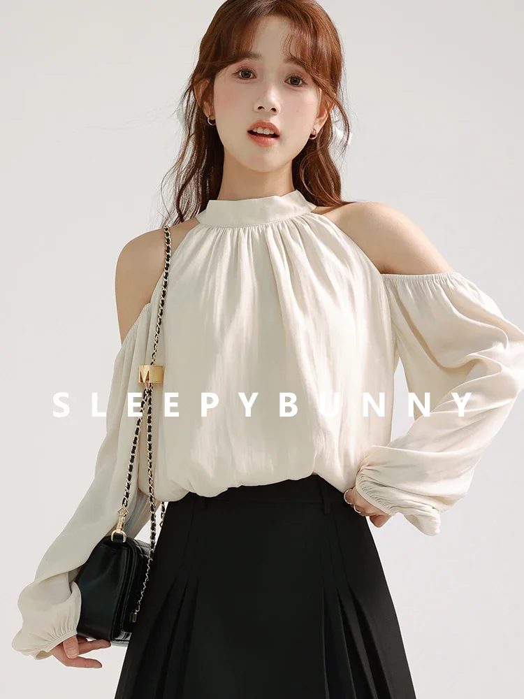 Women Hollow Neck Lantern Sleeve Blouse 2025 Spring Autumn Chiffon Off-Shoulder Shirt Stylish Loose Fit Long Sleeve Casual Top