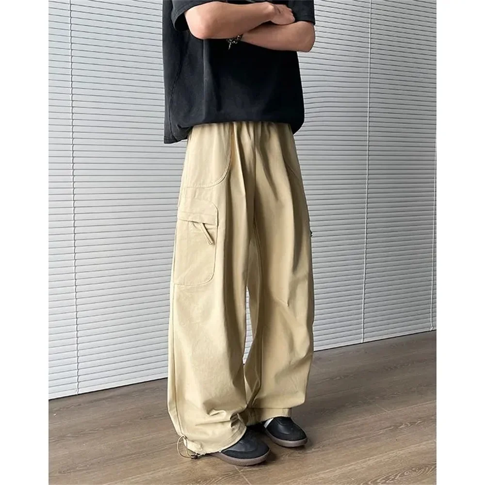 Women's Brown Baggy Cargo Pants Elastic Waist Drawstring Multi Pockets Loose Wide Leg Trousers Y2K Streetwear Casual Work Pants