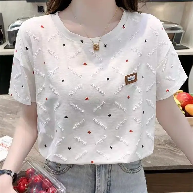 Chic Short Sleeve T-Shirt 2023 Summer  Women\'s Loose White  Top Letter Print Three-dimensional Decoration