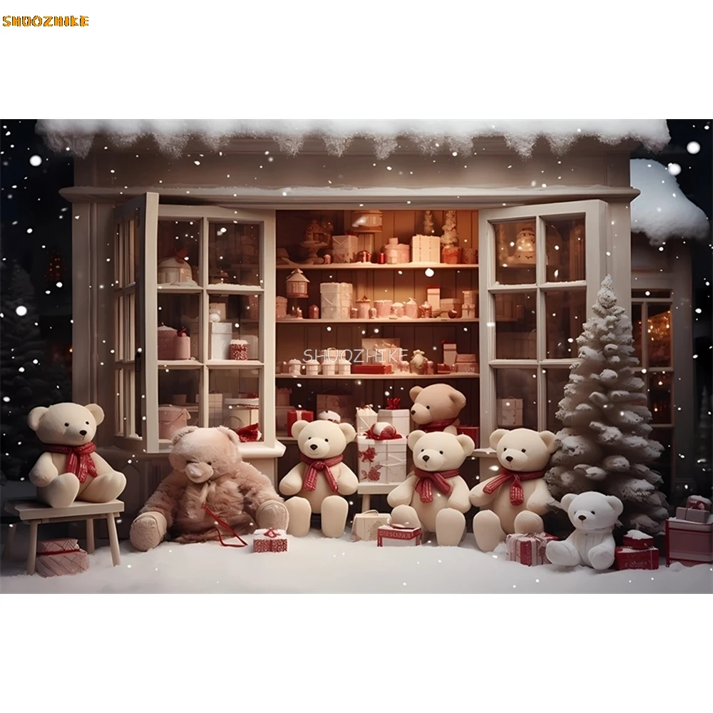 Winter Christmas Decoration Background Xmas Shop Gift Boxes Teddy Bears Backdrop Kids Portrait Photo Studio Props Party Supplies