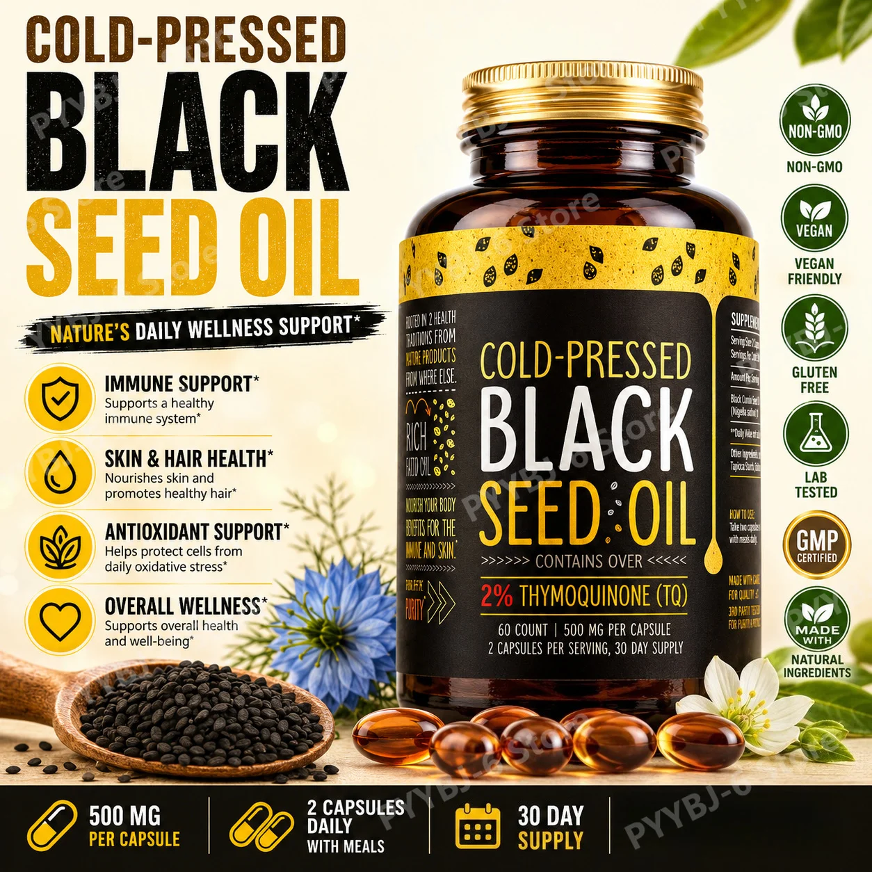Cápsulas de Aceite de Semilla Negra 500mg, Aceite de Semilla de Nigella Sativa Prensado en Frío, TQ Timoquinona, Bienestar Inmunológico, de la Piel y del Cabello, 60 Unidades