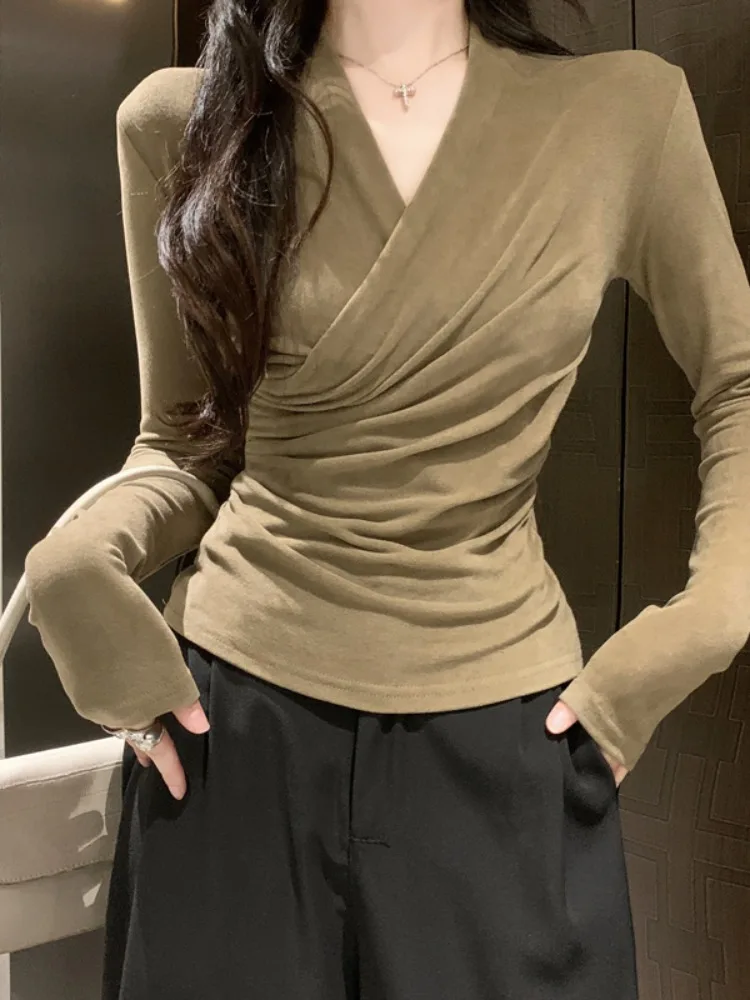 

Elegant V-Neck Cross Asymmetrical Slim Fit Long Sleeve T-Shirt Women's Early Autumn Spicy Waist-Cinching Base Shirt Trendy