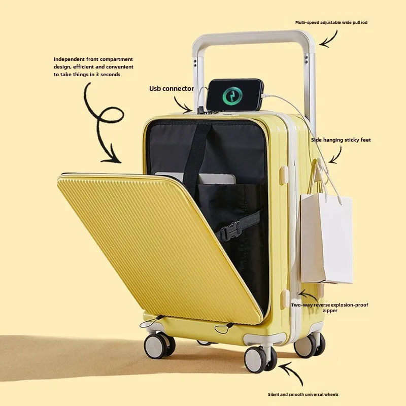 Wide Tie Rod USB Charging Luggage Front Opening Lightweight Boarding Case Multifunctional PC Trolley20"22"24"26 Inch Suitcase