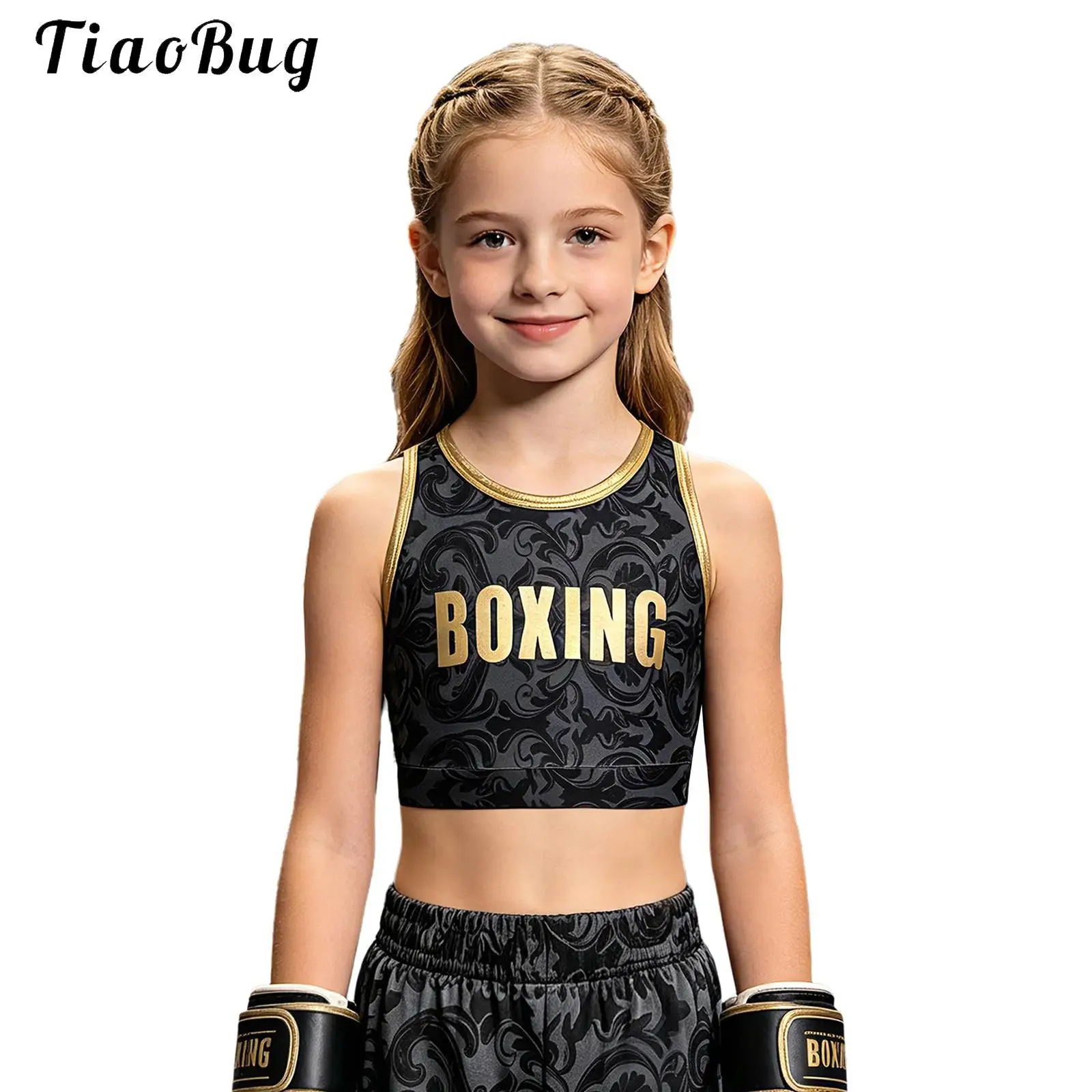 Kids Girls Sleeveless Boxing Crop Tops Floral Print Elastic Hem Metallic Trim Tank Top Round Neck Sports Training Vest