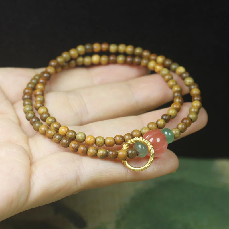Green Sandalwood 4mm Double-Loop Buddhist Bracelet with Pink Quartz Pumpkin Design, Forest Style Unisex Meditation Bead Bra