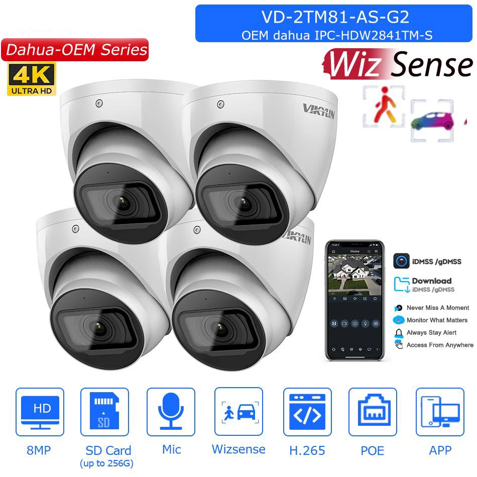 4pcs  Dahua OEM 8MP Wizsense IP Camera Built-in Mic SD Card Slot Security Protection Surveillance Camera replace IPC-HDW2841TM-S