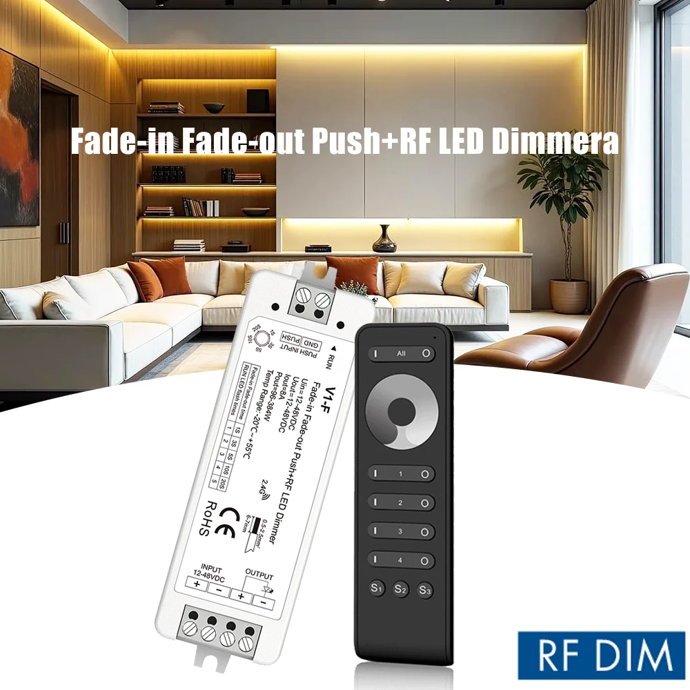12-48VDC LED Dimmer Wireless Switch Fade-in Fade-out 5 Fading Speed Push Dimming with 4-zone Brightness Adjustment Touch Remote