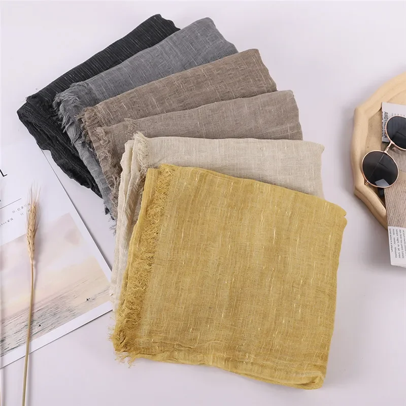 New spring and summer solid color wool cotton linen scarf tassel literary shawl summer print versatile cotton linen scarf image 2