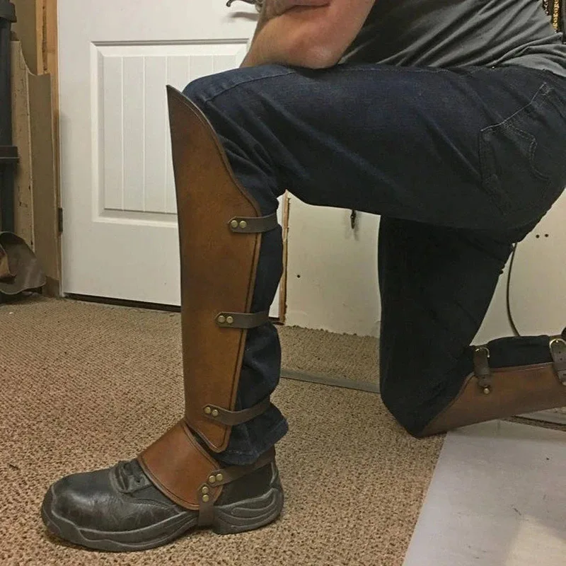 Medieval Renaissance Warrior PU Leather Leg Protector Viking Cosplay Photography Prop Belt Buckle Shoe Cover