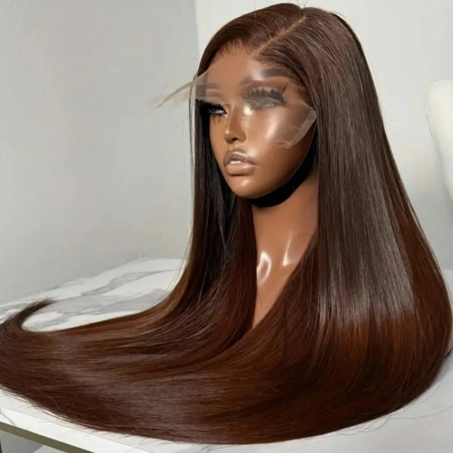 34 Inch Bone Straight Chocolate Brown Human Hair Wig Lace Front Easy Maintenance No Hair Loss Natural Looking Wig