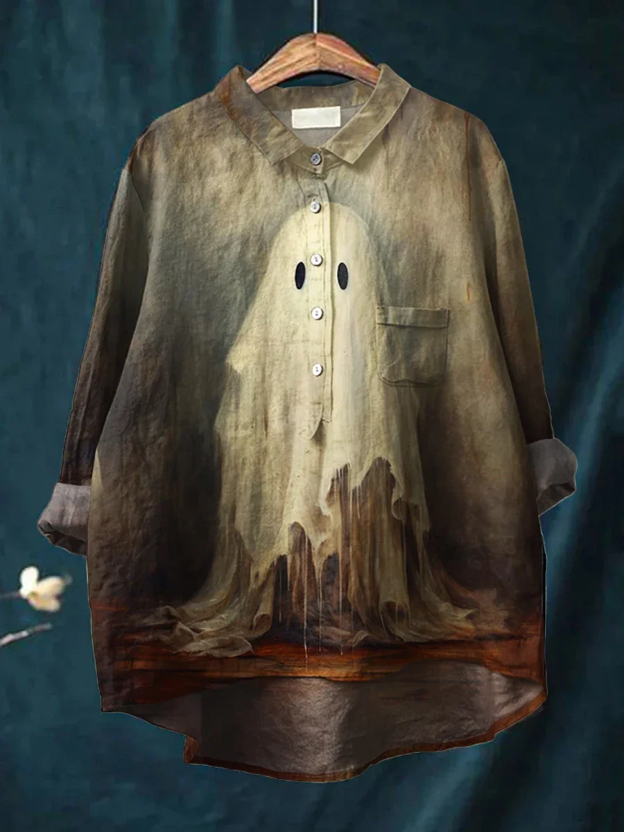 Vintage Lovely Halloween Ghost Art Print Casual Linen Shirt