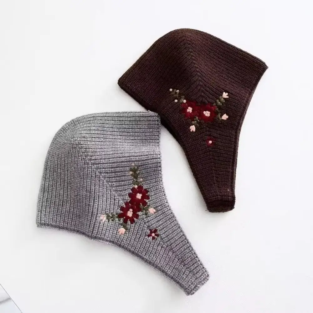 Cute Floral Flower Embroidery Knitted Hat Retro Beanies Round Top Cap Korean Ear Protectors Hijab Women