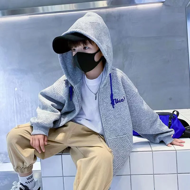 Boys Casual Coats Spring Autumn Kids Jacquard Cotton Zip Sweatshirt Jackets Teen Track Hoodie Outerwear Children Clothes 5-14Y